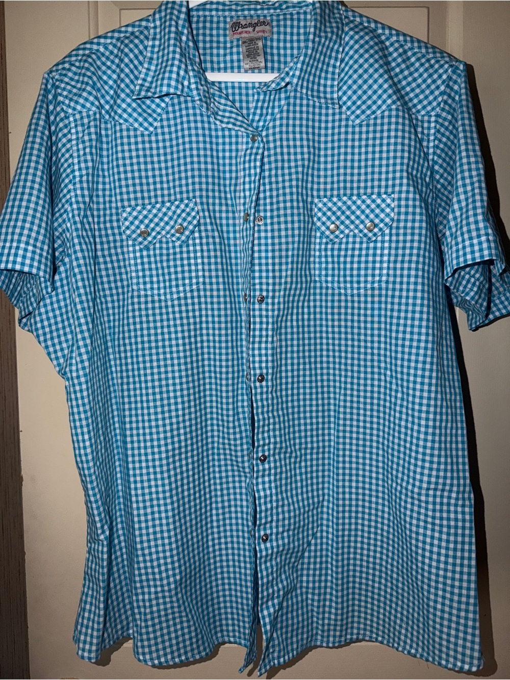 Wrangler Teal and White Gingham Short-Sleeve Snap down  Shirt vintage